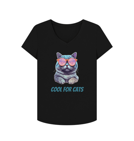 Black \"Cool For Cats\" Womens V Neck T-Shirt