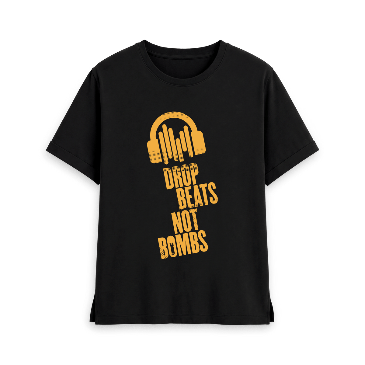 Black t-shirt with golden yellow Drop Beats Not Bombs logo, front view