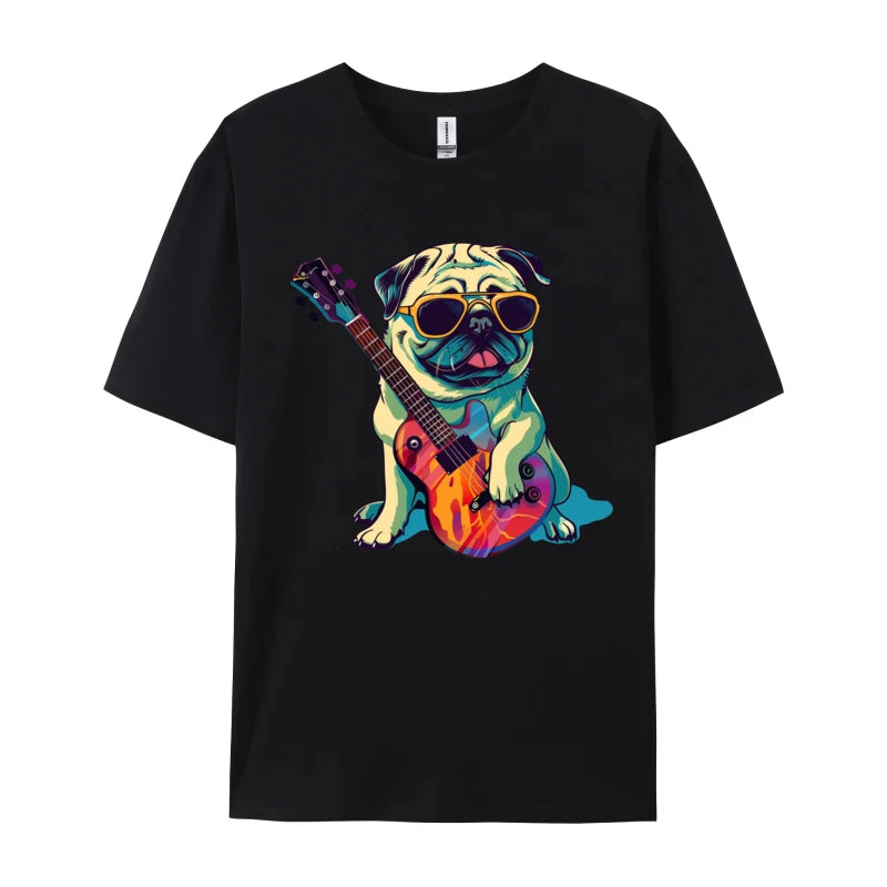 Cool Cartoon Pug Dog Guitarist Mens T Shirt