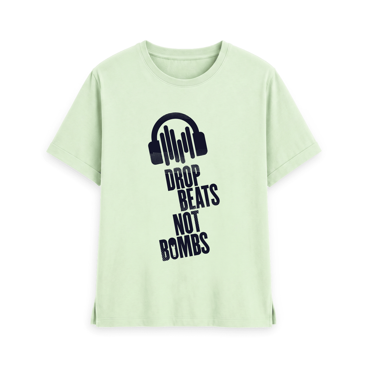 Pastel Green t-shirt with navy blue Drop Beats Not Bombs logo, front view