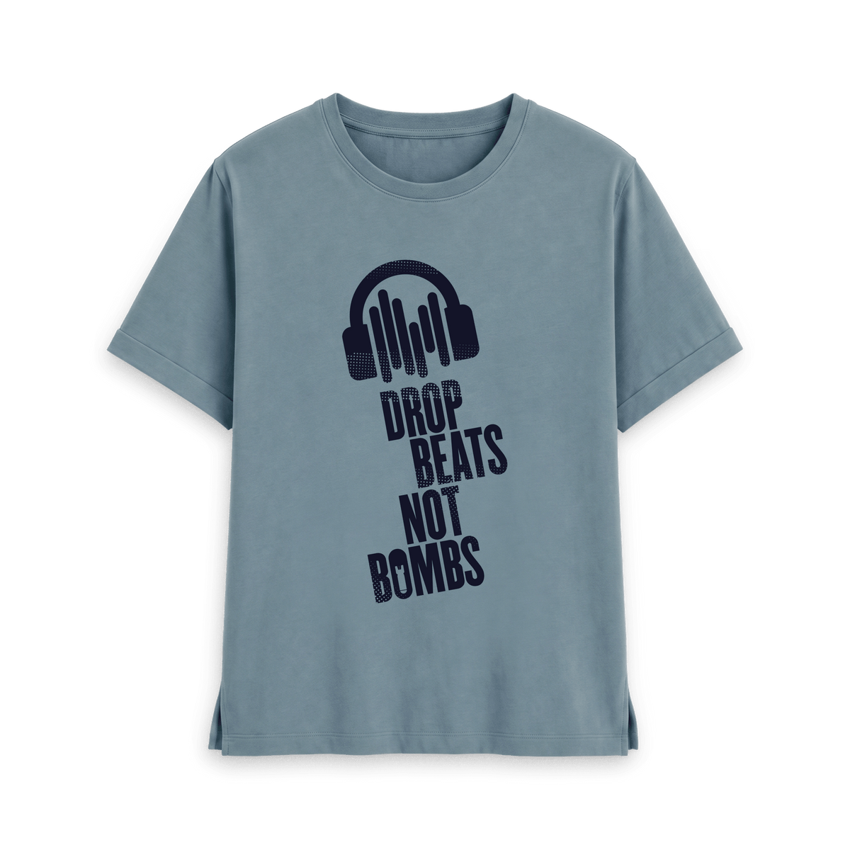 Stone Blue t-shirt with navy blue Drop Beats Not Bombs logo, front view