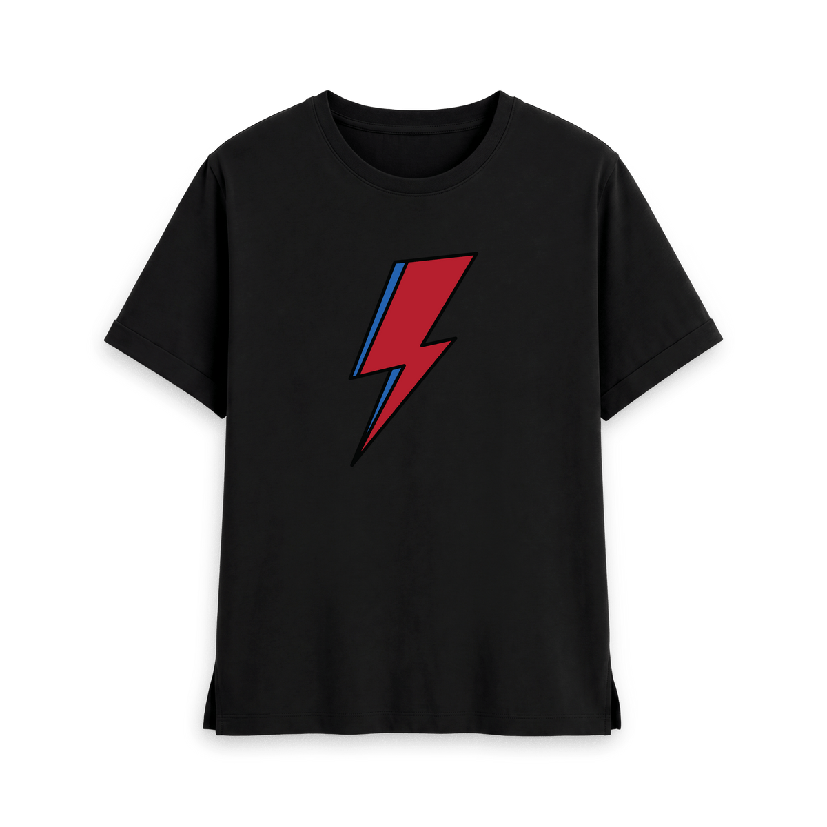 Black womens t-shirt with David Bowie Aladdin Sane lightning bolt design, front view