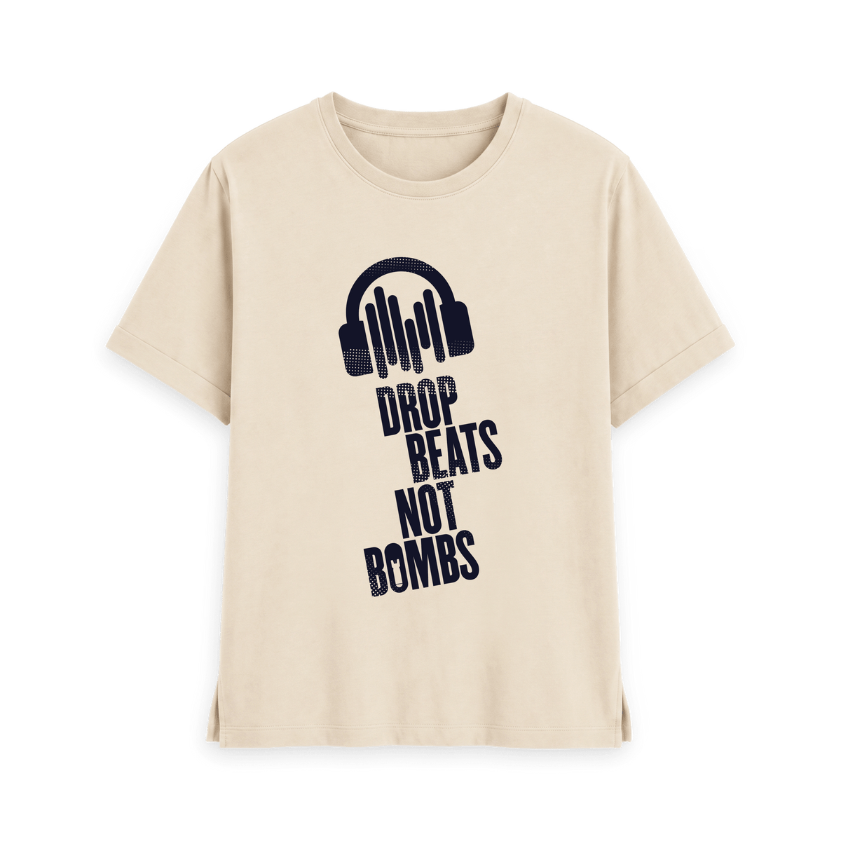 Oat t-shirt with navy blue Drop Beats Not Bombs logo, front view