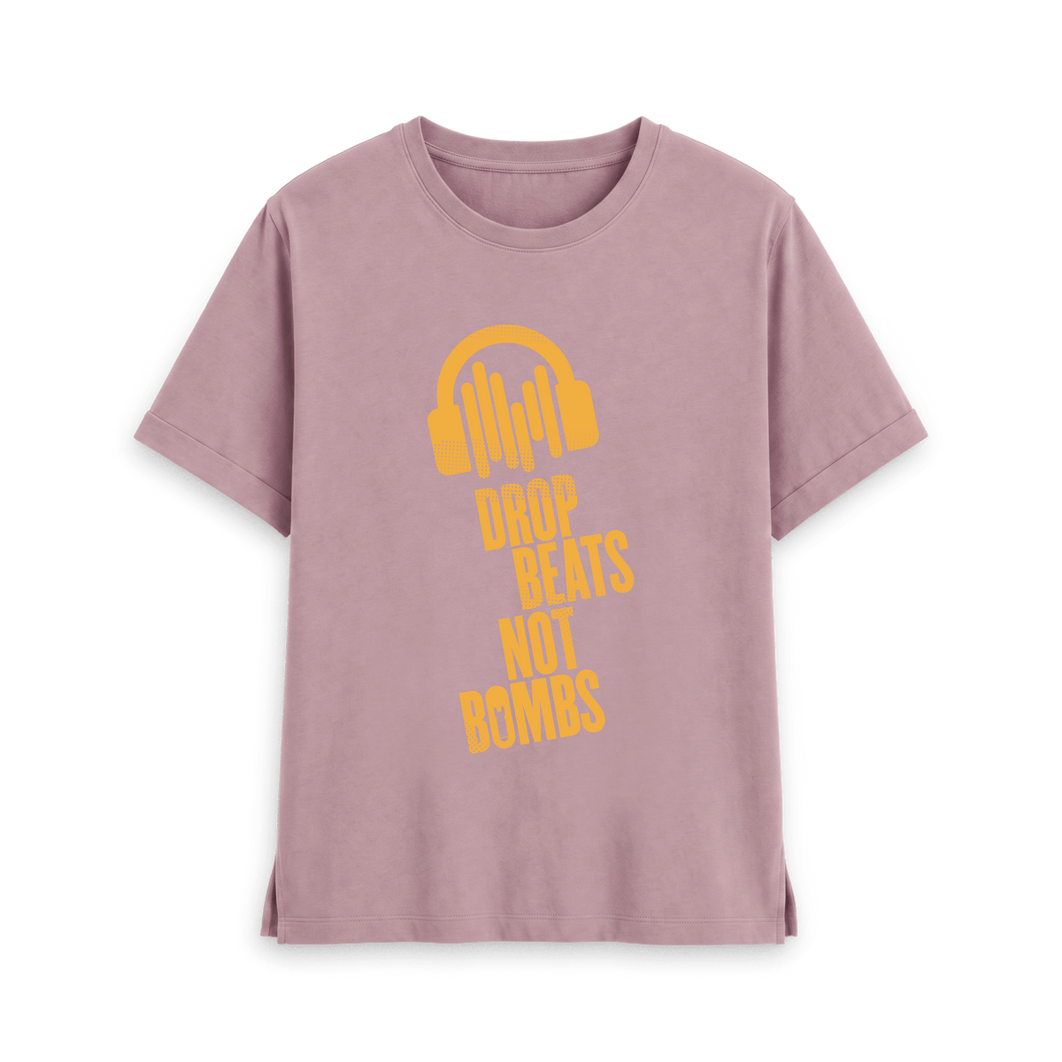 Mauve t-shirt with golden yellow Drop Beats Not Bombs logo, front view