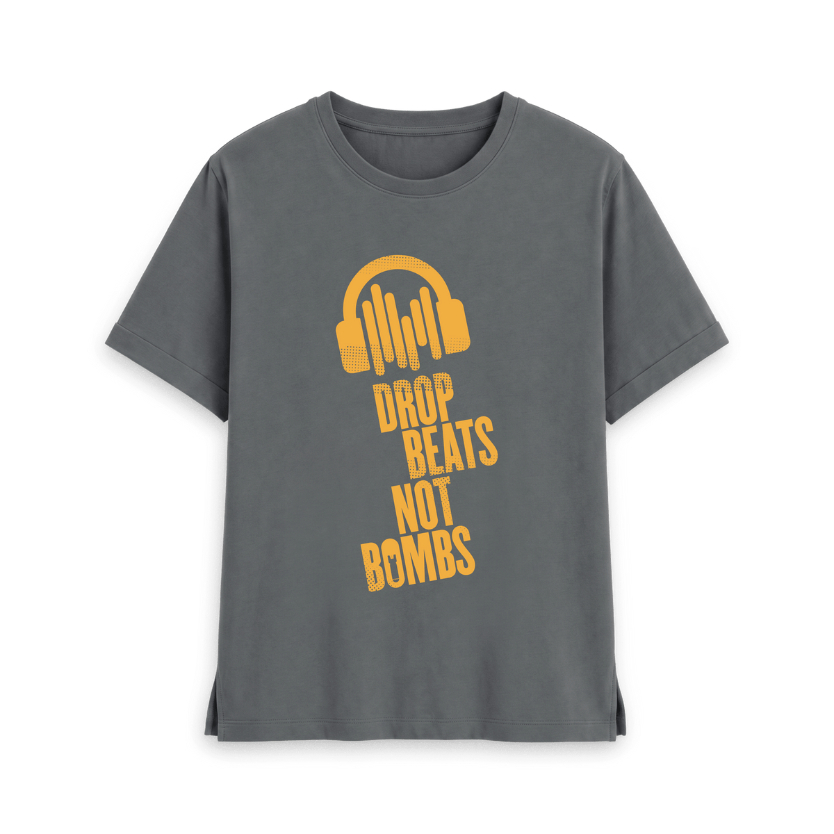 Slate Grey t-shirt with golden yellow Drop Beats Not Bombs logo, front view