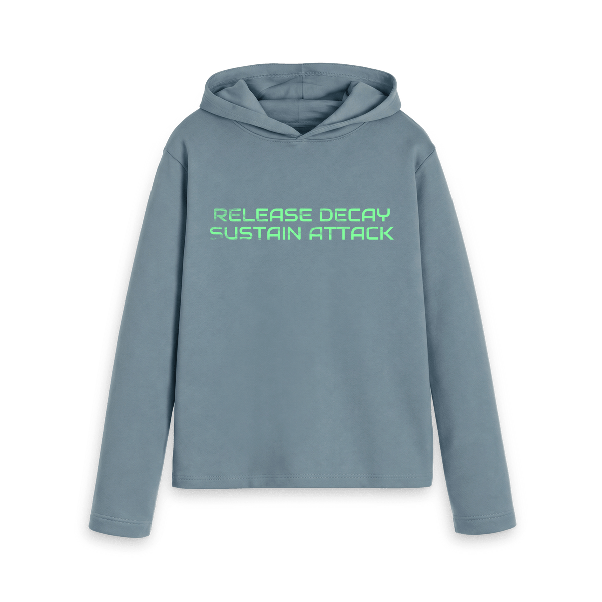 Stone blue women's relaxed fit hoodie with the ABC 'Release Decay Sustain Attack' single title, front view