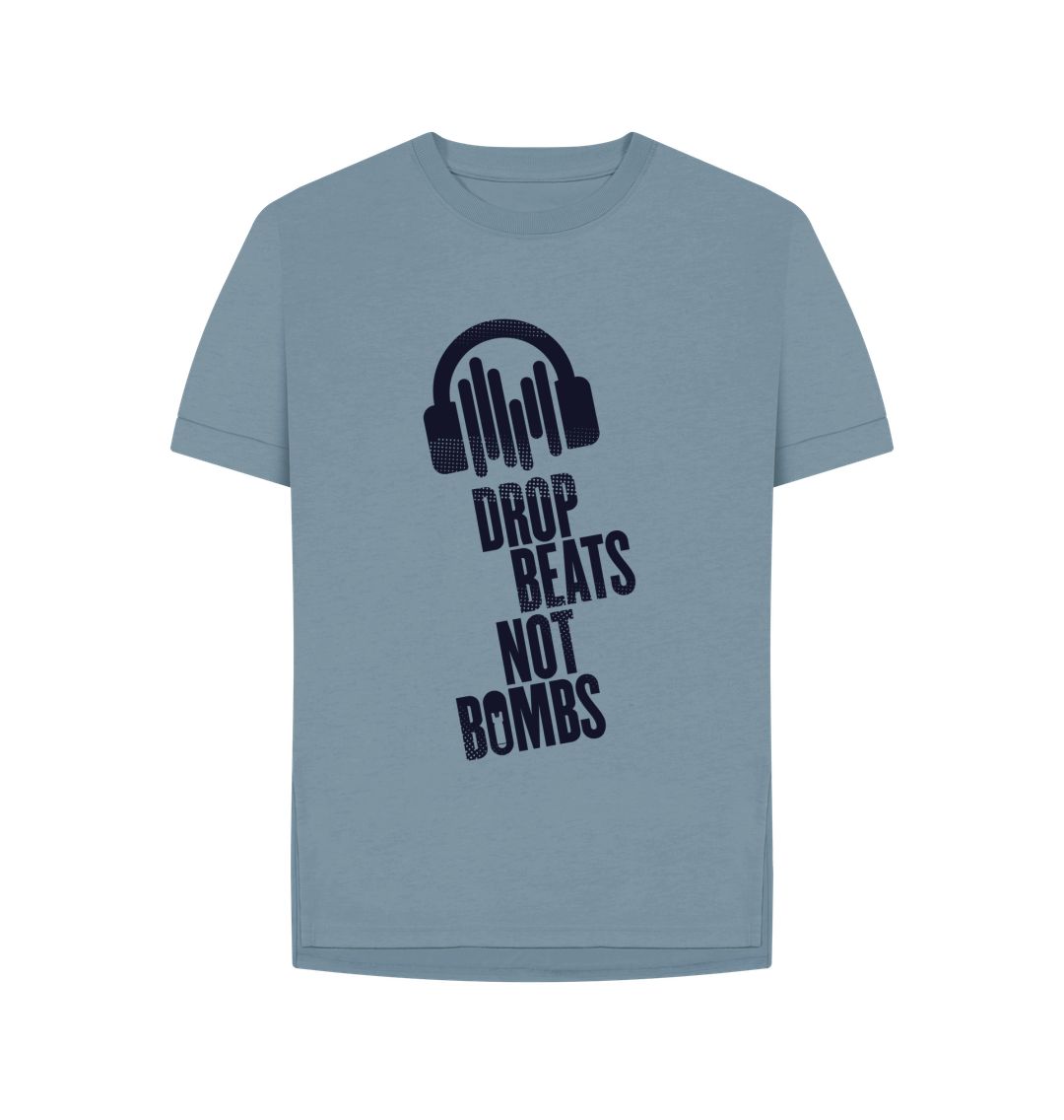 Stone Blue Drop Beats Not Bombs Sound Shirts Navy Logo Relaxed Fit Womens T-Shirt