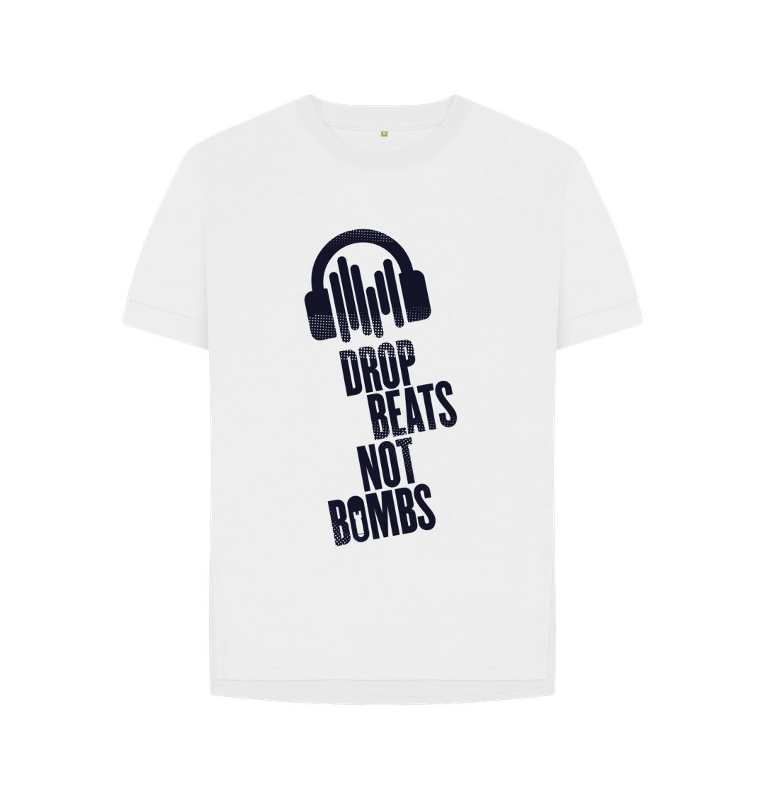 White Drop Beats Not Bombs Sound Shirts Navy Logo Relaxed Fit Womens T-Shirt
