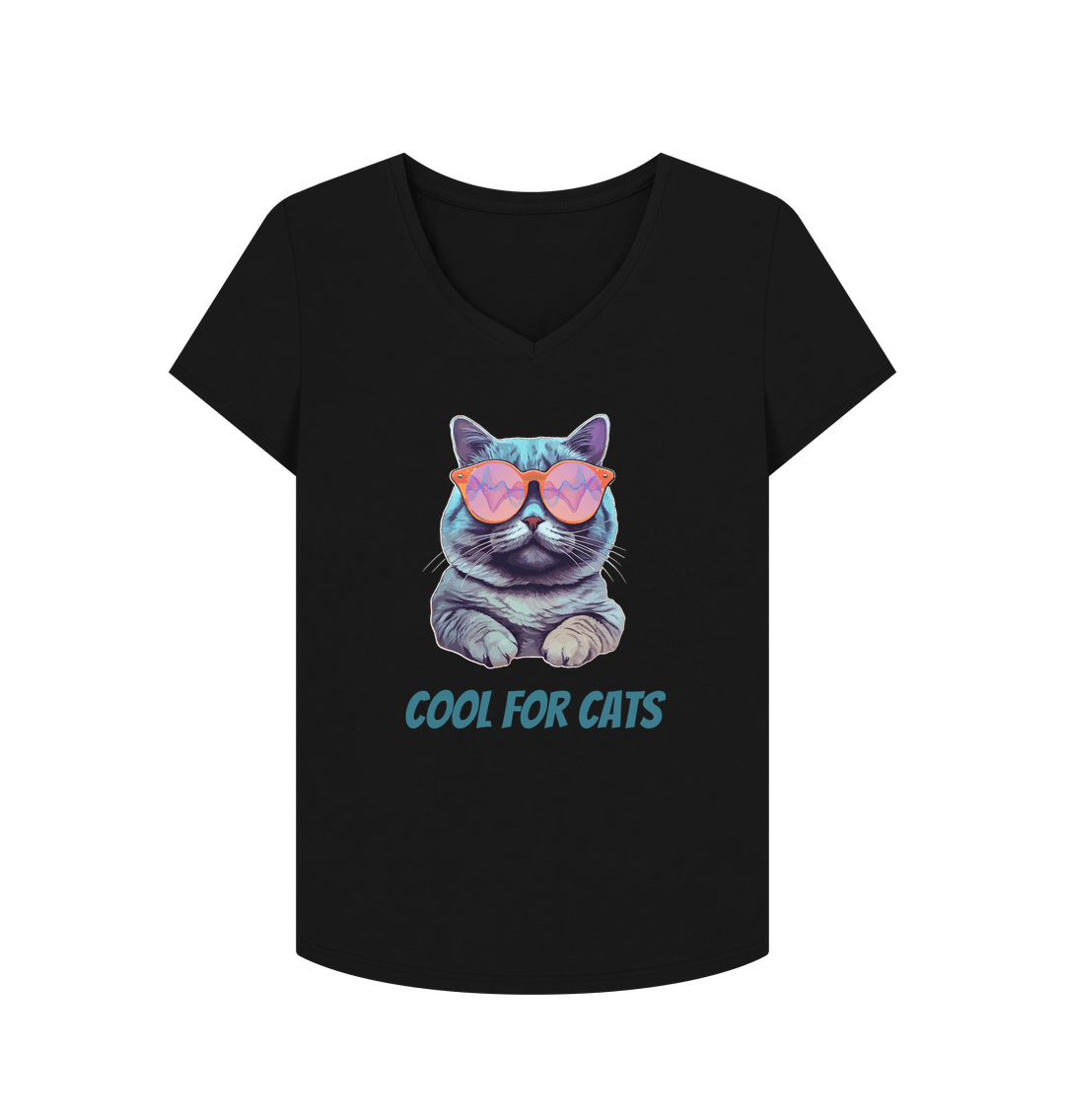 Black \"Cool For Cats\" Womens V Neck T-Shirt