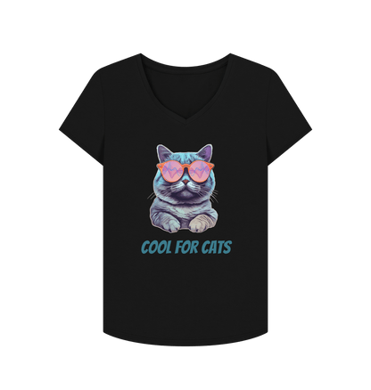 Black \"Cool For Cats\" Womens V Neck T-Shirt