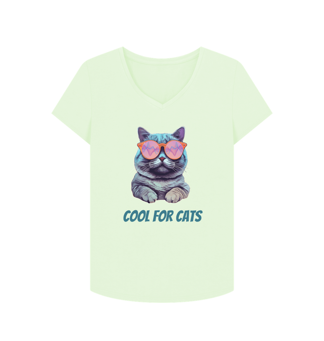 Pastel Green \"Cool For Cats\" Womens V Neck T-Shirt