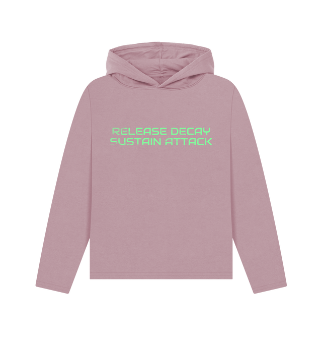 Mauve women's relaxed fit hoodie with the ABC 'Release Decay Sustain Attack' single title, front view