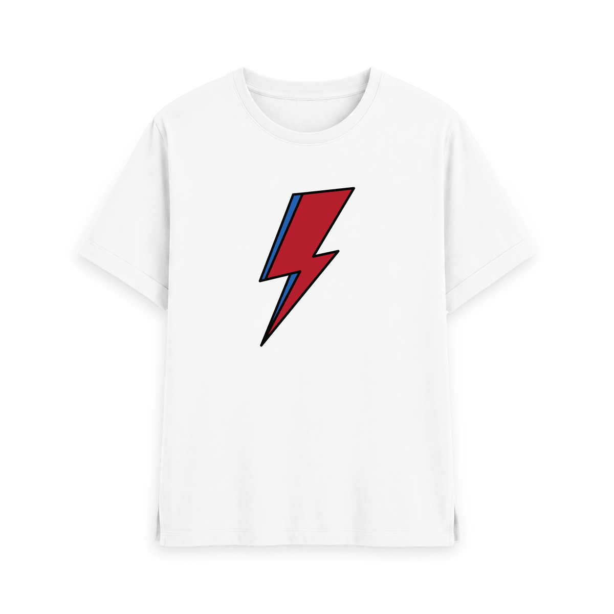 White womens t-shirt with David Bowie Aladdin Sane lightning bolt design, front view