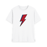 White womens t-shirt with David Bowie Aladdin Sane lightning bolt design, front view