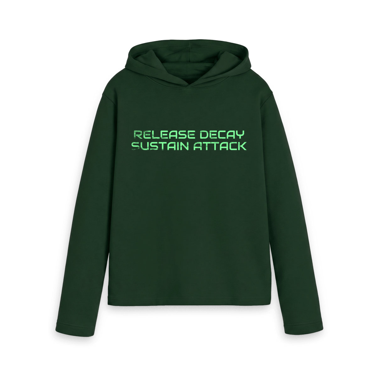 Evergreen women's relaxed fit hoodie with the ABC 'Release Decay Sustain Attack' single title, front view