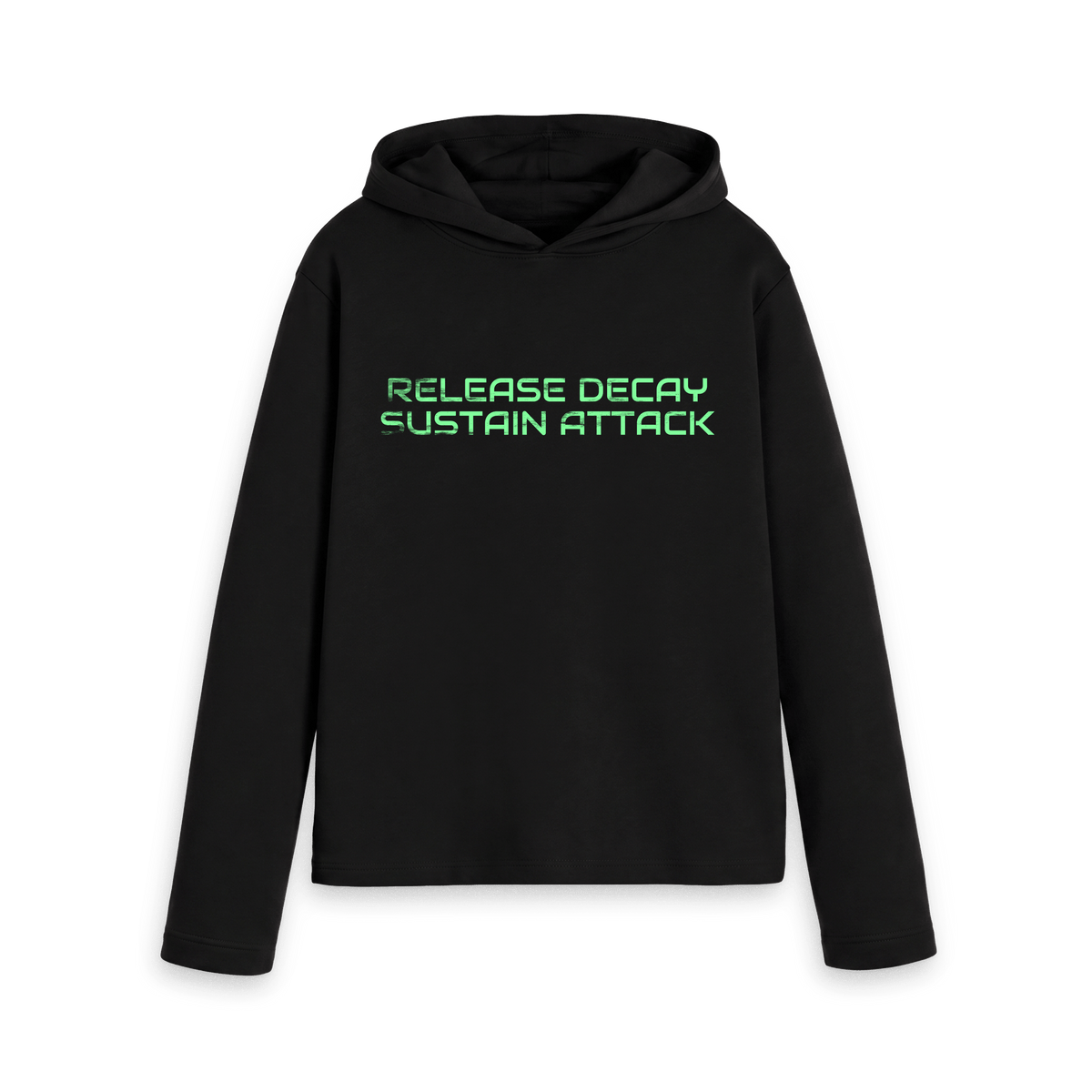 Black women's relaxed fit hoodie with the ABC 'Release Decay Sustain Attack' single title, front view