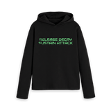 Black women's relaxed fit hoodie with the ABC 'Release Decay Sustain Attack' single title, front view