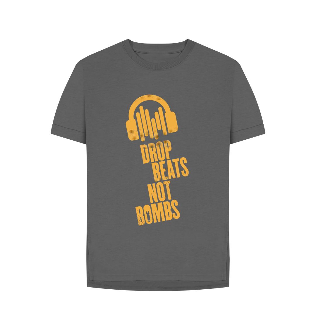 Slate Grey Drop Beats Not Bombs Sound Shirts Yellow Logo Relaxed Fit Womens T-Shirt