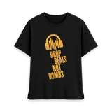 Black t-shirt with golden yellow Drop Beats Not Bombs logo, front view