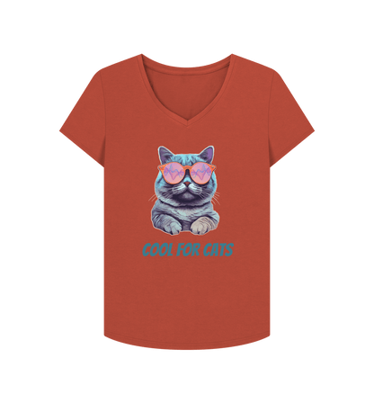 Rust \"Cool For Cats\" Womens V Neck T-Shirt