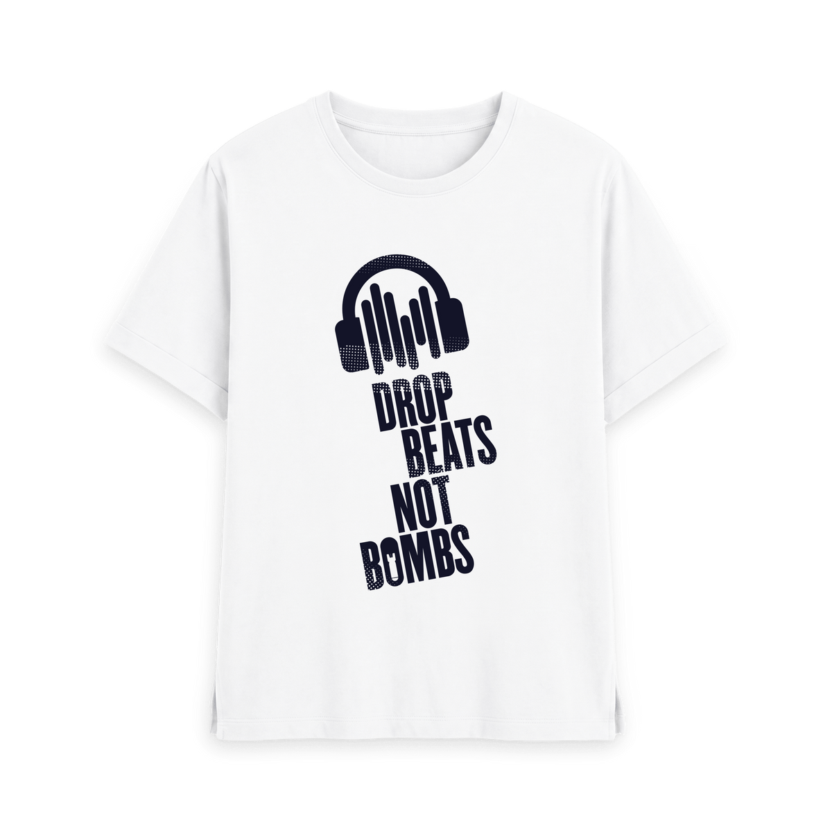 White t-shirt with navy blue Drop Beats Not Bombs logo, front view