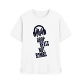 White t-shirt with navy blue Drop Beats Not Bombs logo, front view