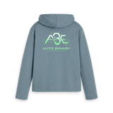 Stone blue women's relaxed fit hoodie with the ABC logo, back view