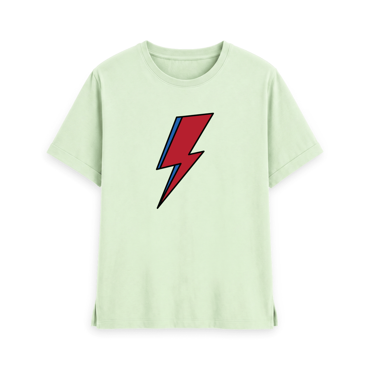 Pastel Green womens t-shirt with David Bowie Aladdin Sane lightning bolt design, front view