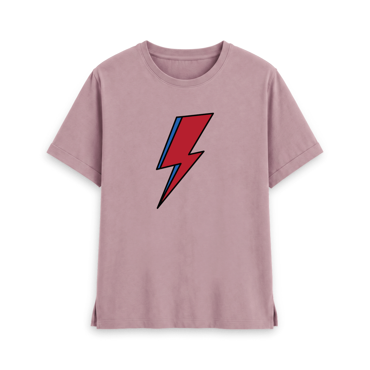 Mauve womens t-shirt with David Bowie Aladdin Sane lightning bolt design, front view