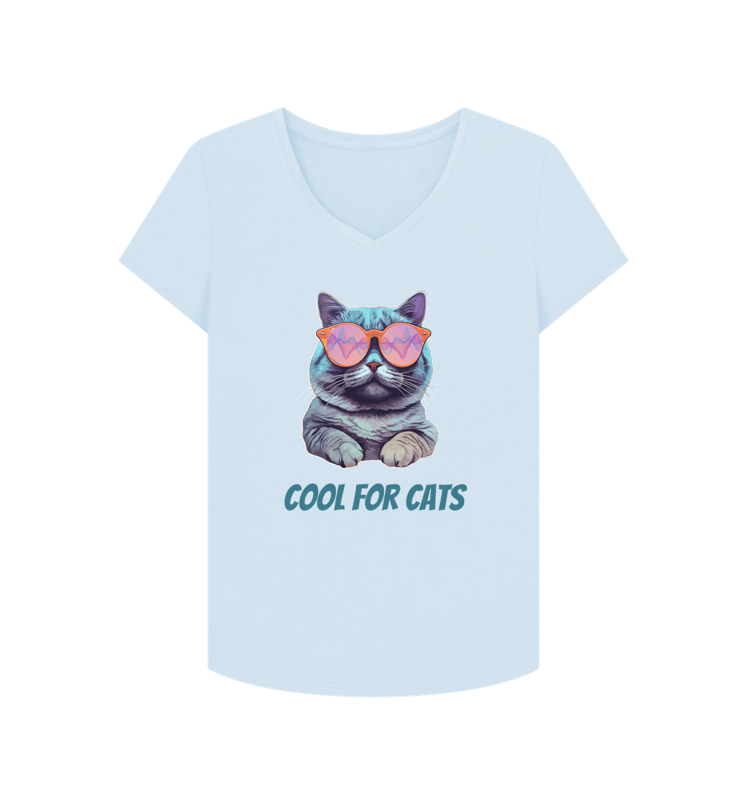 Sky Blue \"Cool For Cats\" Womens V Neck T-Shirt