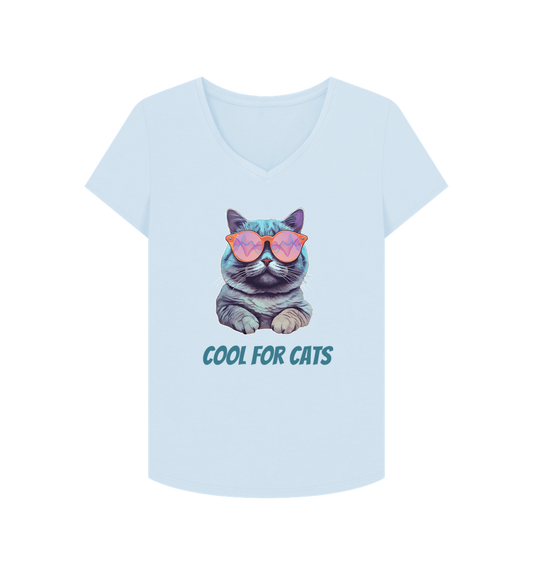 Sky Blue \"Cool For Cats\" Womens V Neck T-Shirt