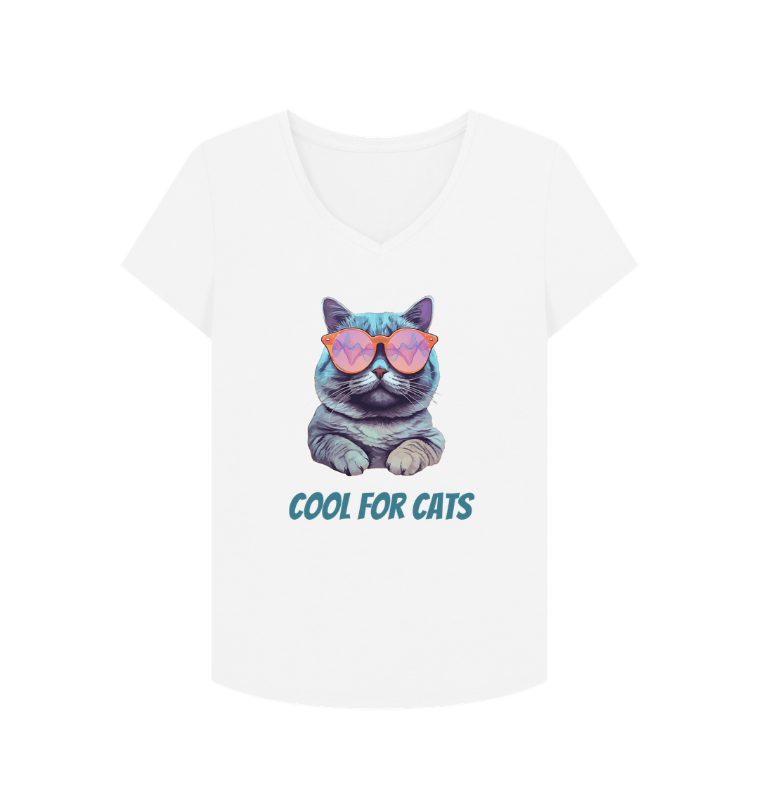 White \"Cool For Cats\" Womens V Neck T-Shirt