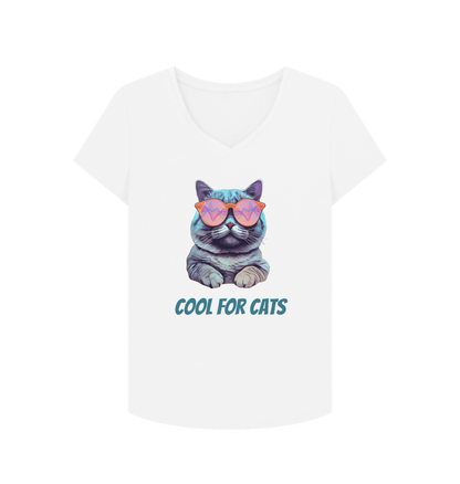 White \"Cool For Cats\" Womens V Neck T-Shirt