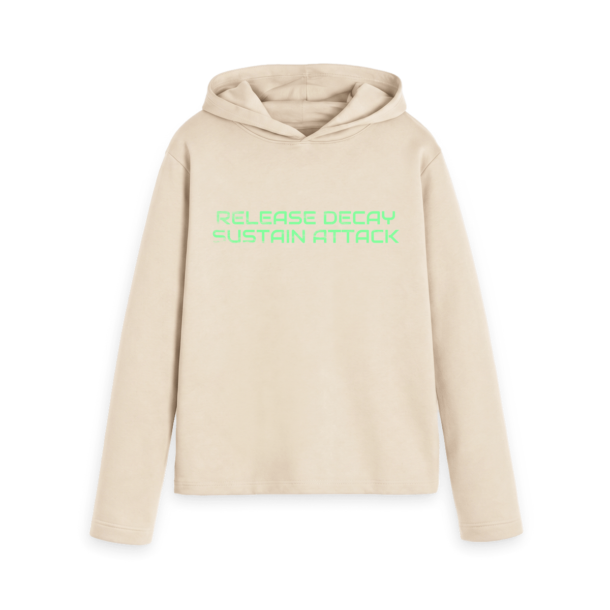 Oat women's relaxed fit hoodie with the ABC 'Release Decay Sustain Attack' single title, front view