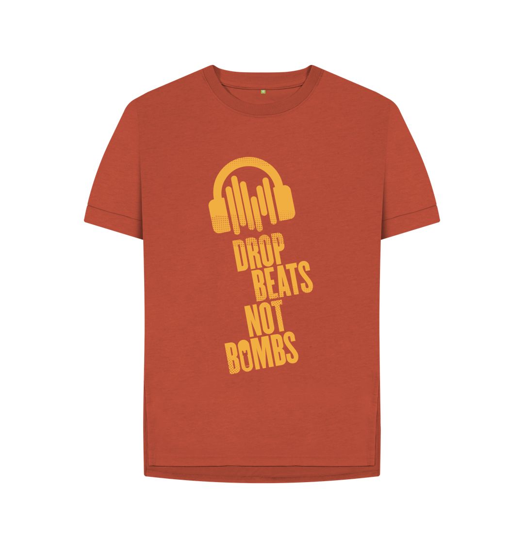 Rust Drop Beats Not Bombs Sound Shirts Yellow Logo Relaxed Fit Womens T-Shirt