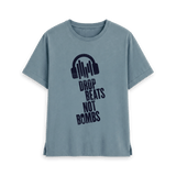 Stone Blue t-shirt with navy blue Drop Beats Not Bombs logo, front view
