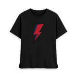 Black womens t-shirt with David Bowie Aladdin Sane lightning bolt design, front view
