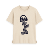 Oat t-shirt with navy blue Drop Beats Not Bombs logo, front view