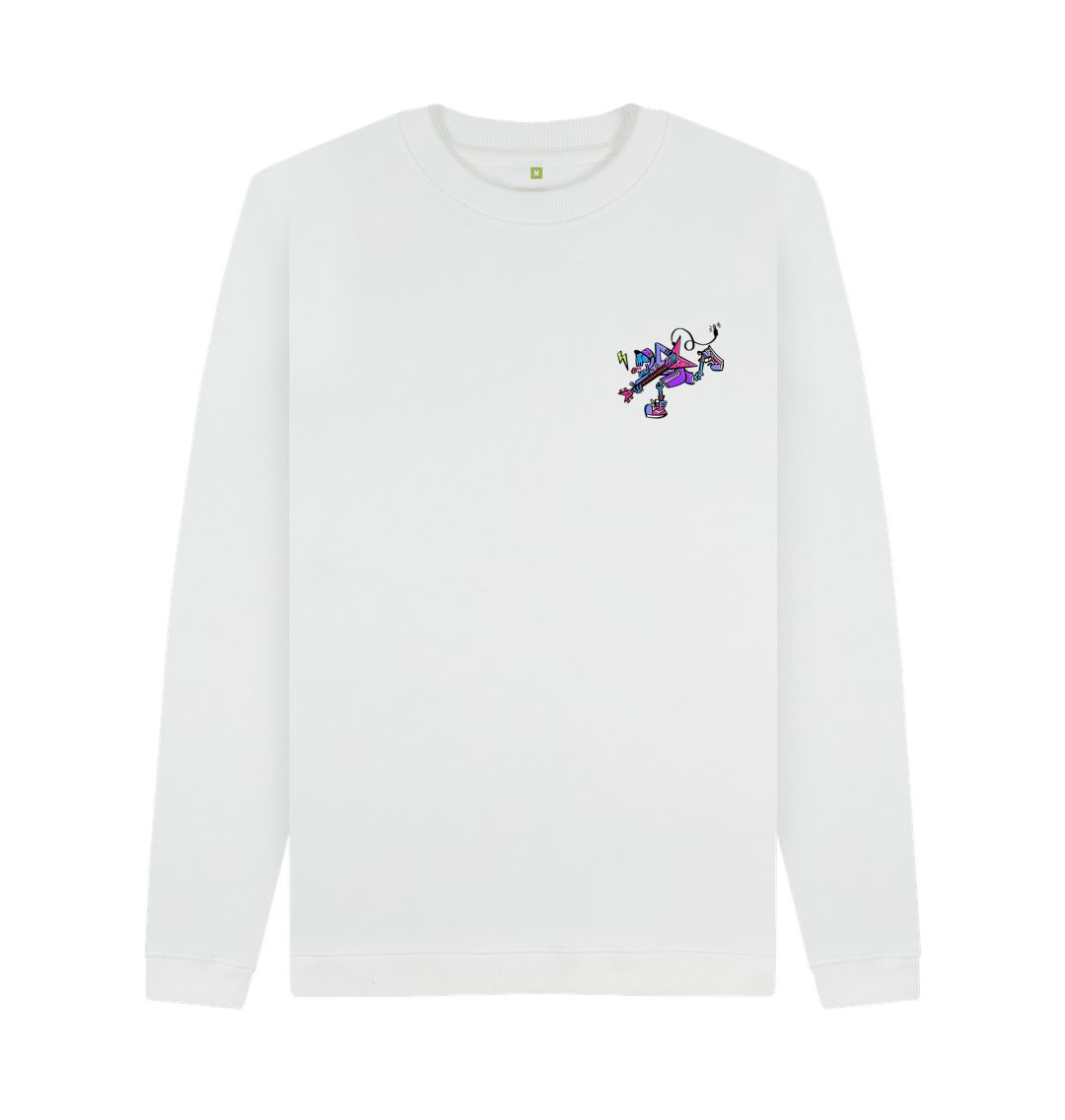 White Mens Cartoon Character Flying V Sweater