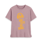 Mauve t-shirt with golden yellow Drop Beats Not Bombs logo, front view