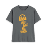 Slate Grey t-shirt with golden yellow Drop Beats Not Bombs logo, front view