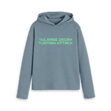 Stone blue women's relaxed fit hoodie with the ABC 'Release Decay Sustain Attack' single title, front view