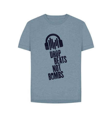 Stone Blue Drop Beats Not Bombs Sound Shirts Navy Logo Relaxed Fit Womens T-Shirt