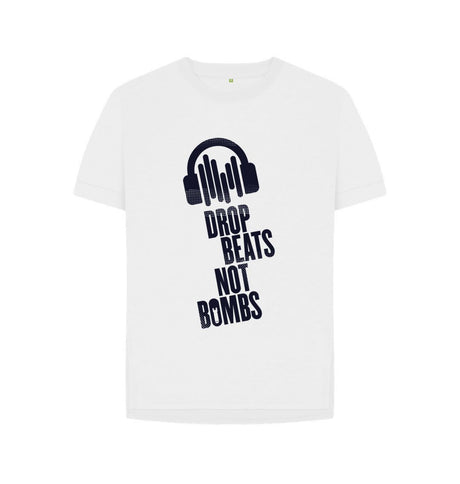 White Drop Beats Not Bombs Sound Shirts Navy Logo Relaxed Fit Womens T-Shirt
