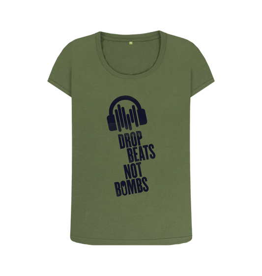 Khaki \"Drop Beats Not Bombs\" Women's Scoop Neck T-Shirt