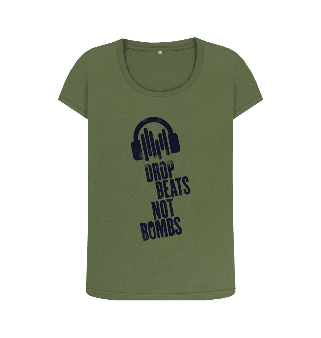 Khaki \"Drop Beats Not Bombs\" Women's Scoop Neck T-Shirt