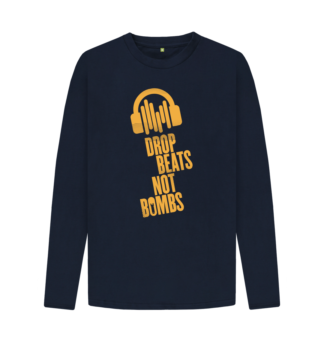 Navy Blue \"Drop Beats Not Bombs\" Men's Long Sleeve T-Shirt