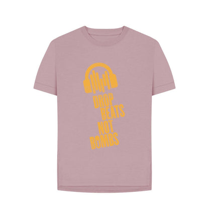 Mauve Drop Beats Not Bombs Sound Shirts Yellow Logo Relaxed Fit Womens T-Shirt