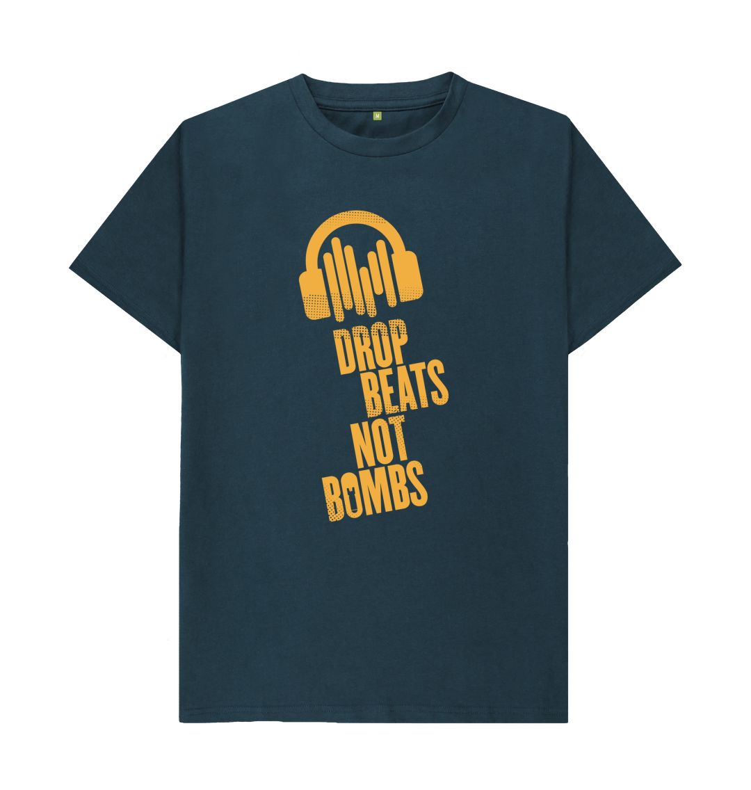Denim Blue Drop Beats Not Bombs Sound Shirts Yellow Logo T-Shirt