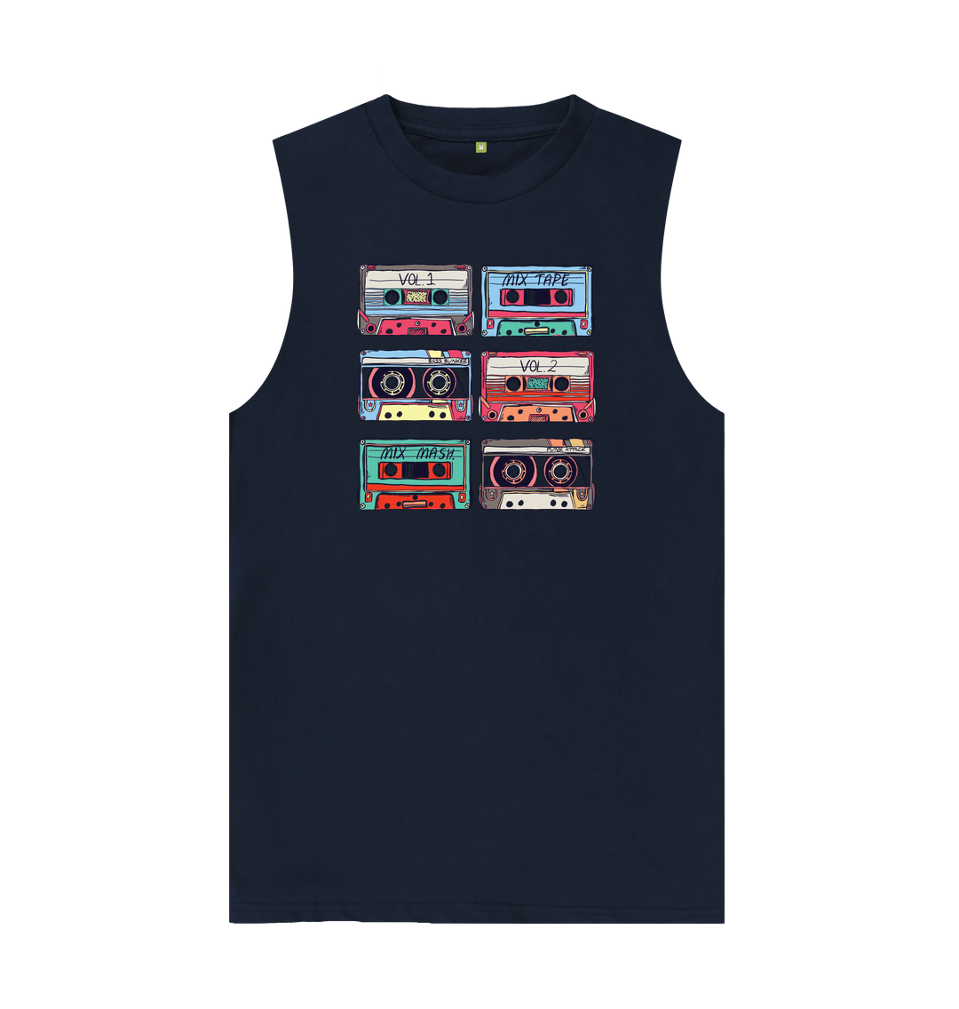 Navy Blue Cassette Mix Tape Mens Vest